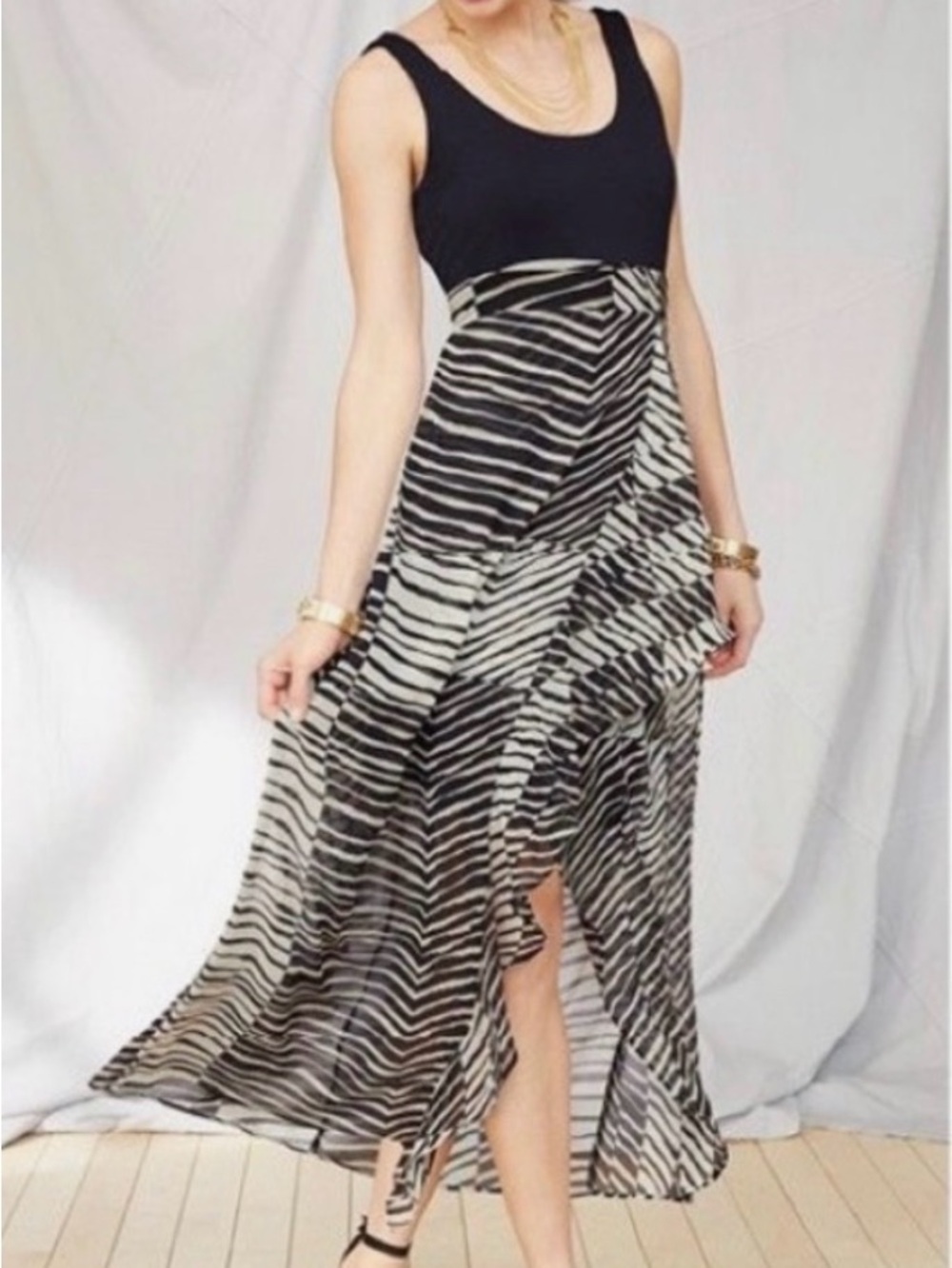 Cabi Cha Cha dress #5266S Black Bodice Zebra Print Maxi Dress